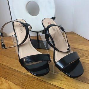 Black ankle strap patten leather heels
